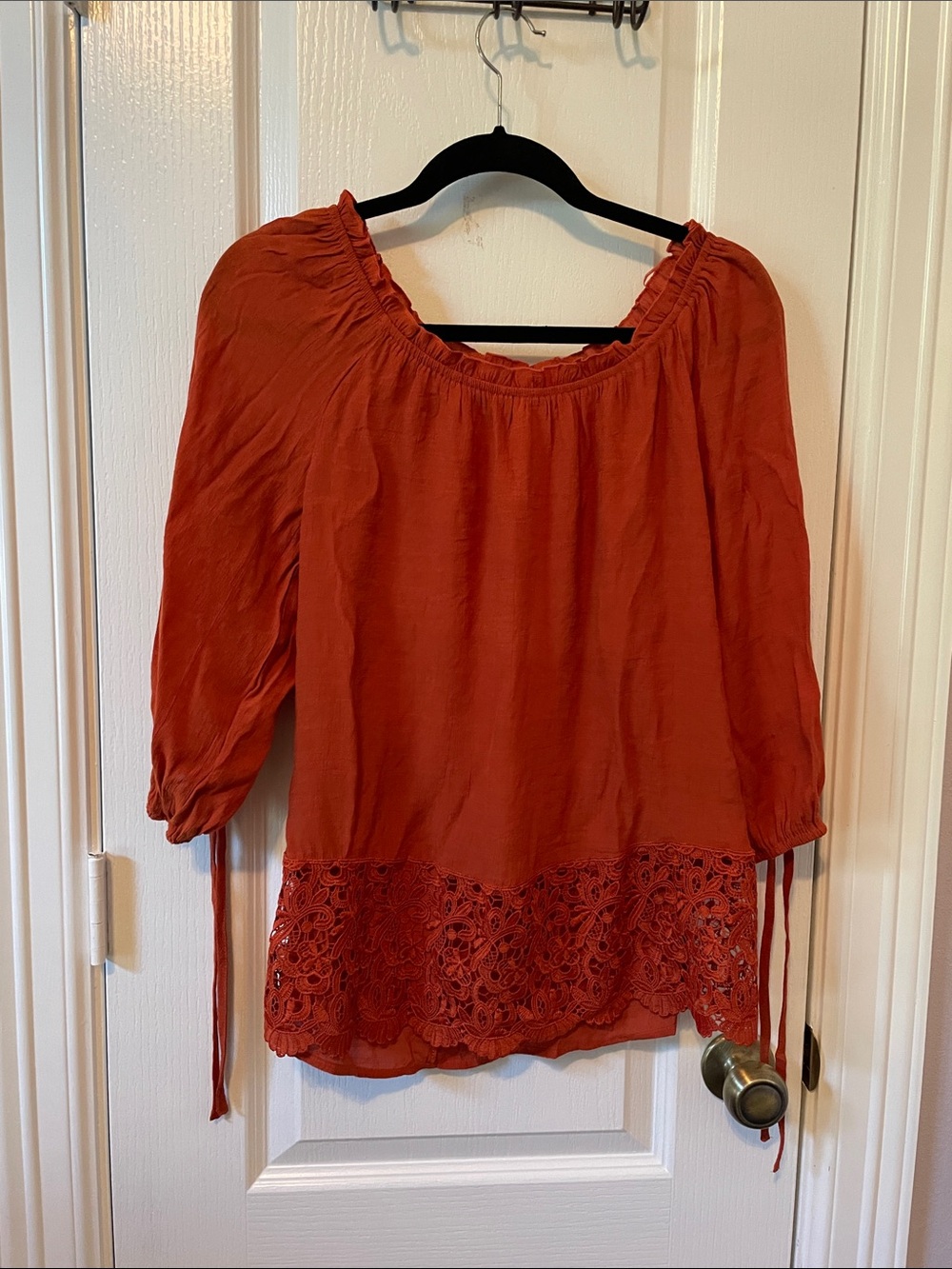 Unique Spectrum Rust Orange Peasant Blouse with Crochet Hem